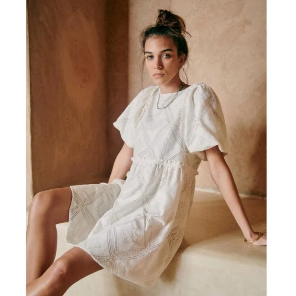 Sézane Livy Dress Parisian Ecru Off White Mix Woven Lace Short Puff Sleeve Mini - Picture 15 of 15
